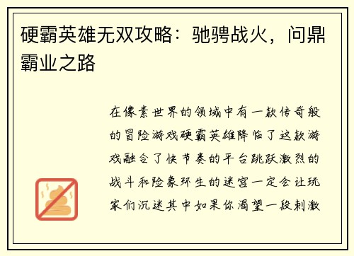 硬霸英雄无双攻略:驰骋战火,问鼎霸业之路